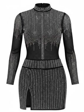 Banjul Rhinestone Studded 2-Piece Set -Sheer Bodysuit & Mini Skirt -Black/Silver